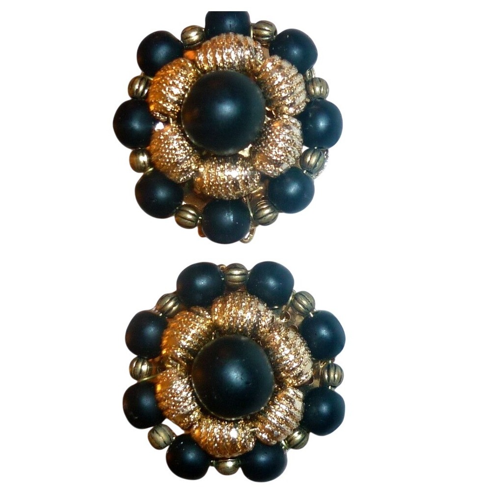 Vintage Hobe Black Matte Glass Cabochon Gold Tone Cluster Clip On Earrings